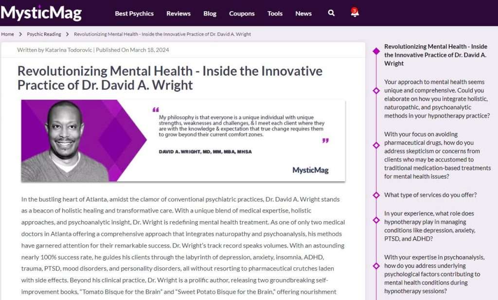 Dr. Wright, Mental Health Innovator Article Feature