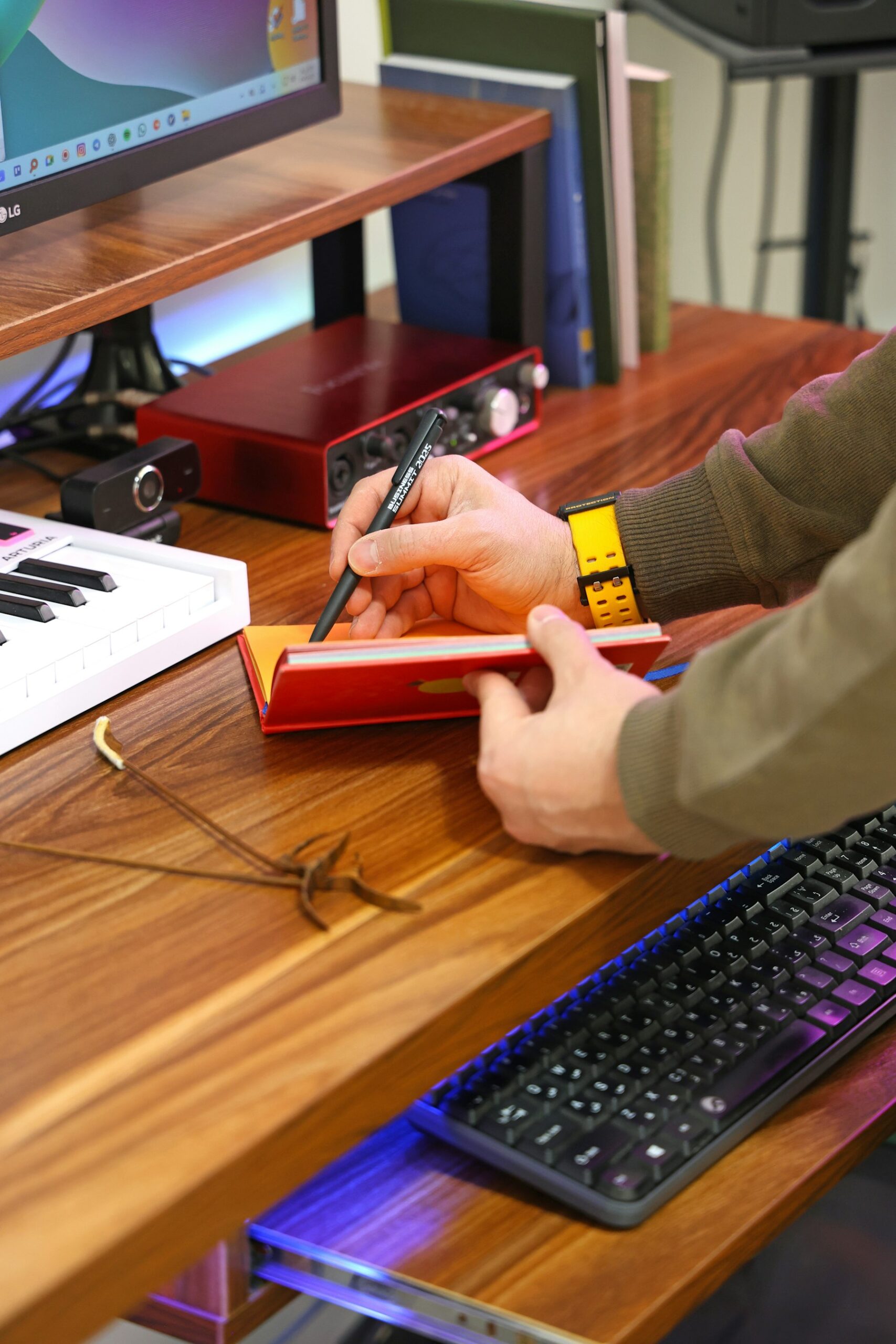 Person writing in a notebook at a desk, representing focus and organization.