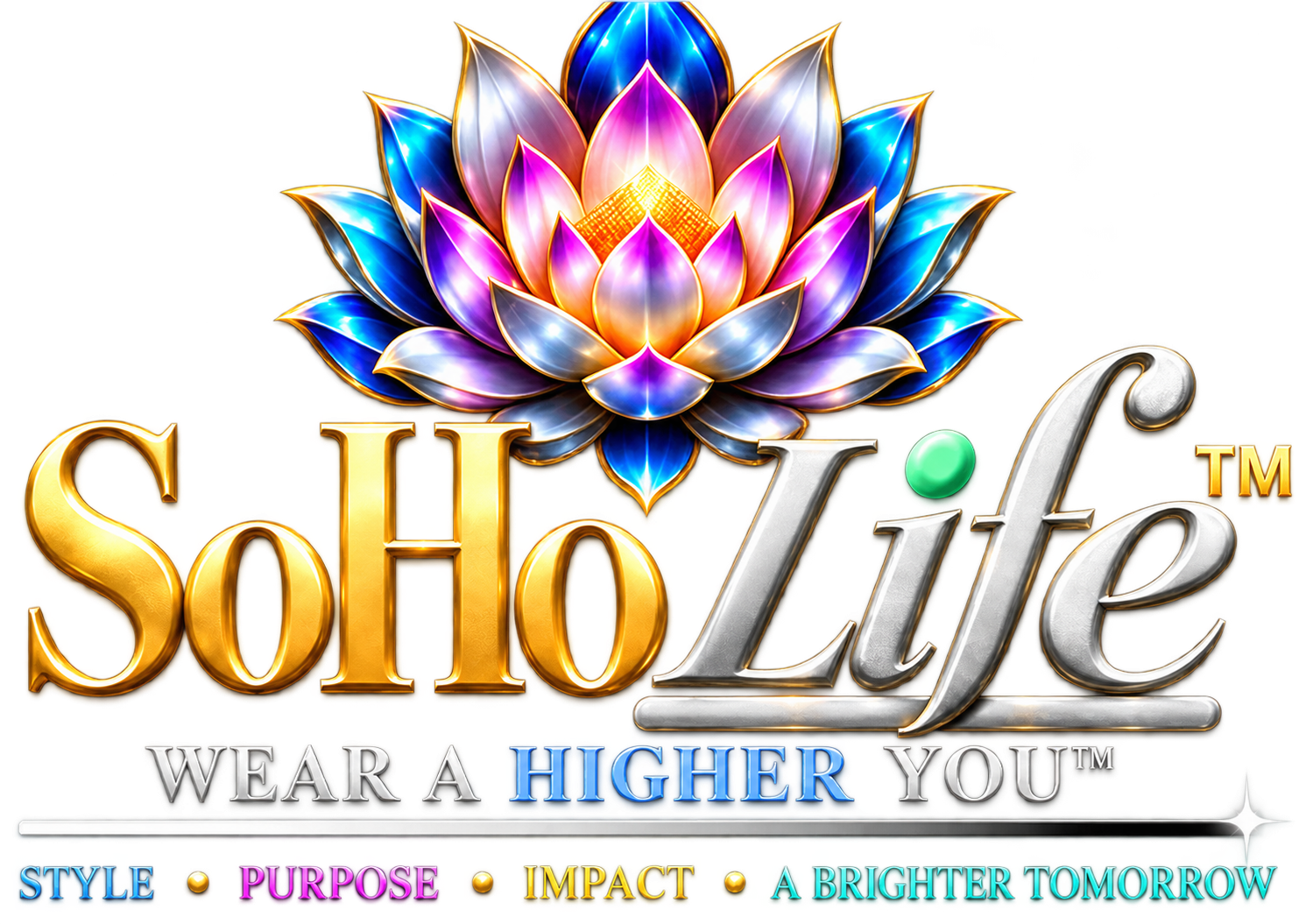 SoHo Life master brand mark with dimensional lotus and Wear a Higher You tagline