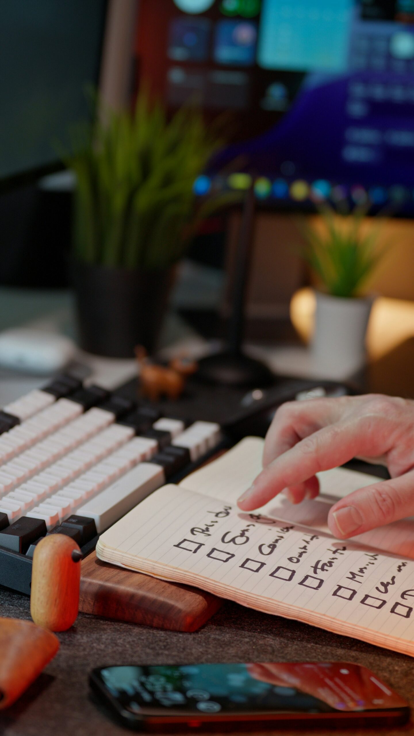 Person checking items from a written task list at a desk.